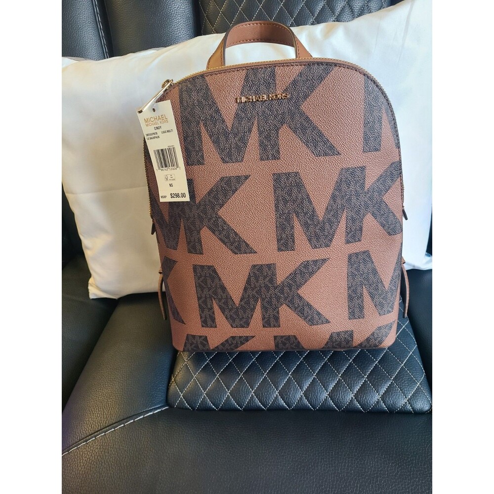 MICHAEL KORS CINDY GRAPHIC LARGE BACKPACK SIG BIG LOGO LUGGAGE MULTI BROWN/black